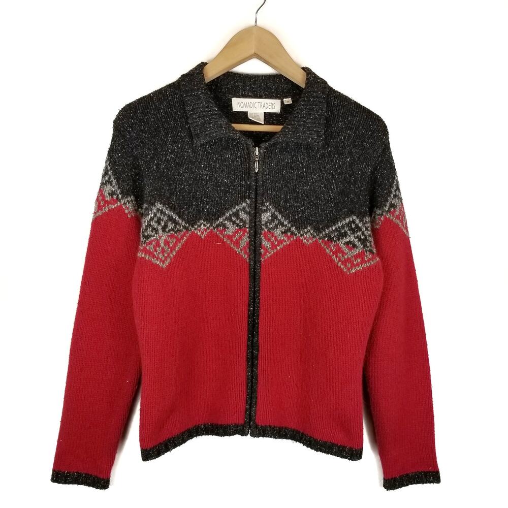Nomadic Traders Women's Zip Front Cardigan Sweater Red Gray Black Size M Medium